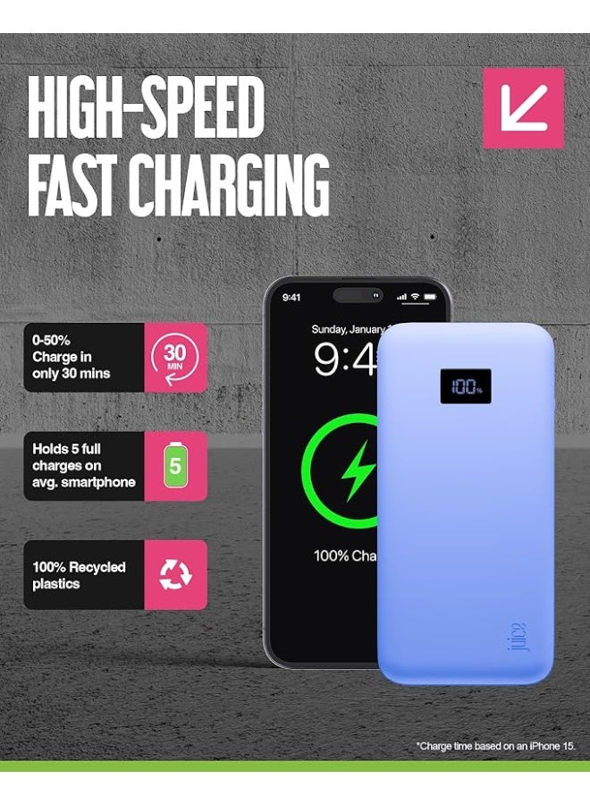 جوس Juice Eco Integrated Max Power Bank 20000mAh – شاحن محمول مع كابل USB-C مدمج، مخرج سريع 20 واط، شاشة رقمية، بنك طاقة لأجهزة iPhone 15 16، Samsung، Android، GoPro، iPad - Ultra Marine - Image 3